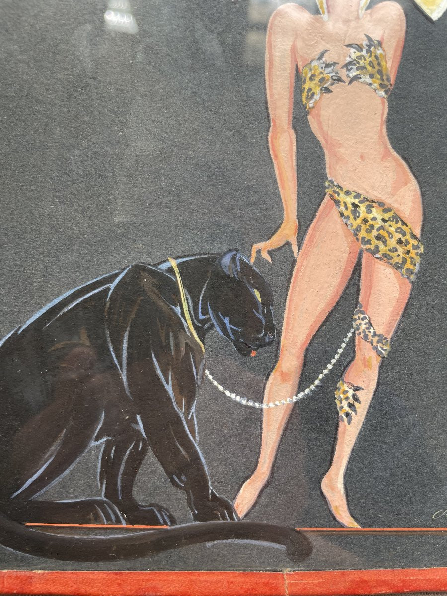 Woman And Her Panther, Art Deco Gouache, Monogram To Identify-photo-4