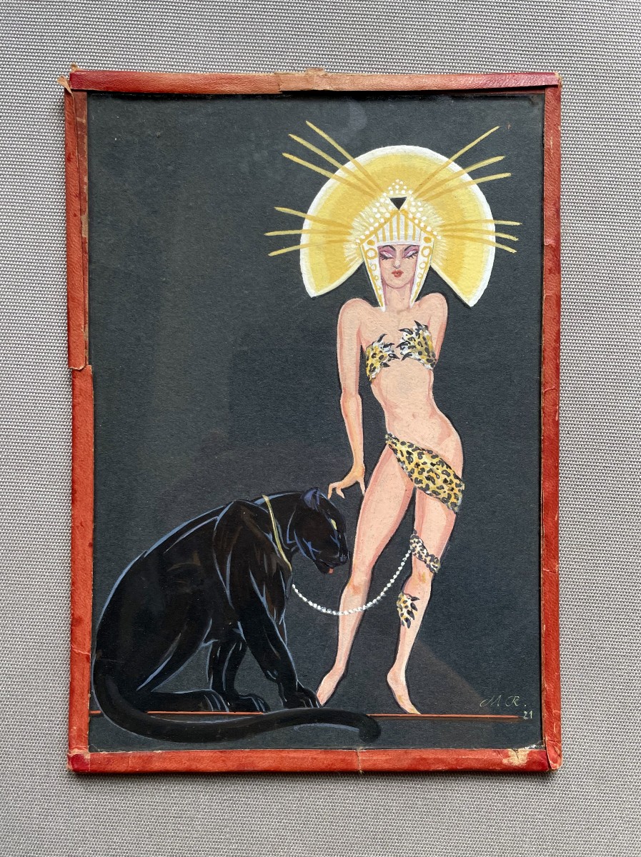 Woman And Her Panther, Art Deco Gouache, Monogram To Identify