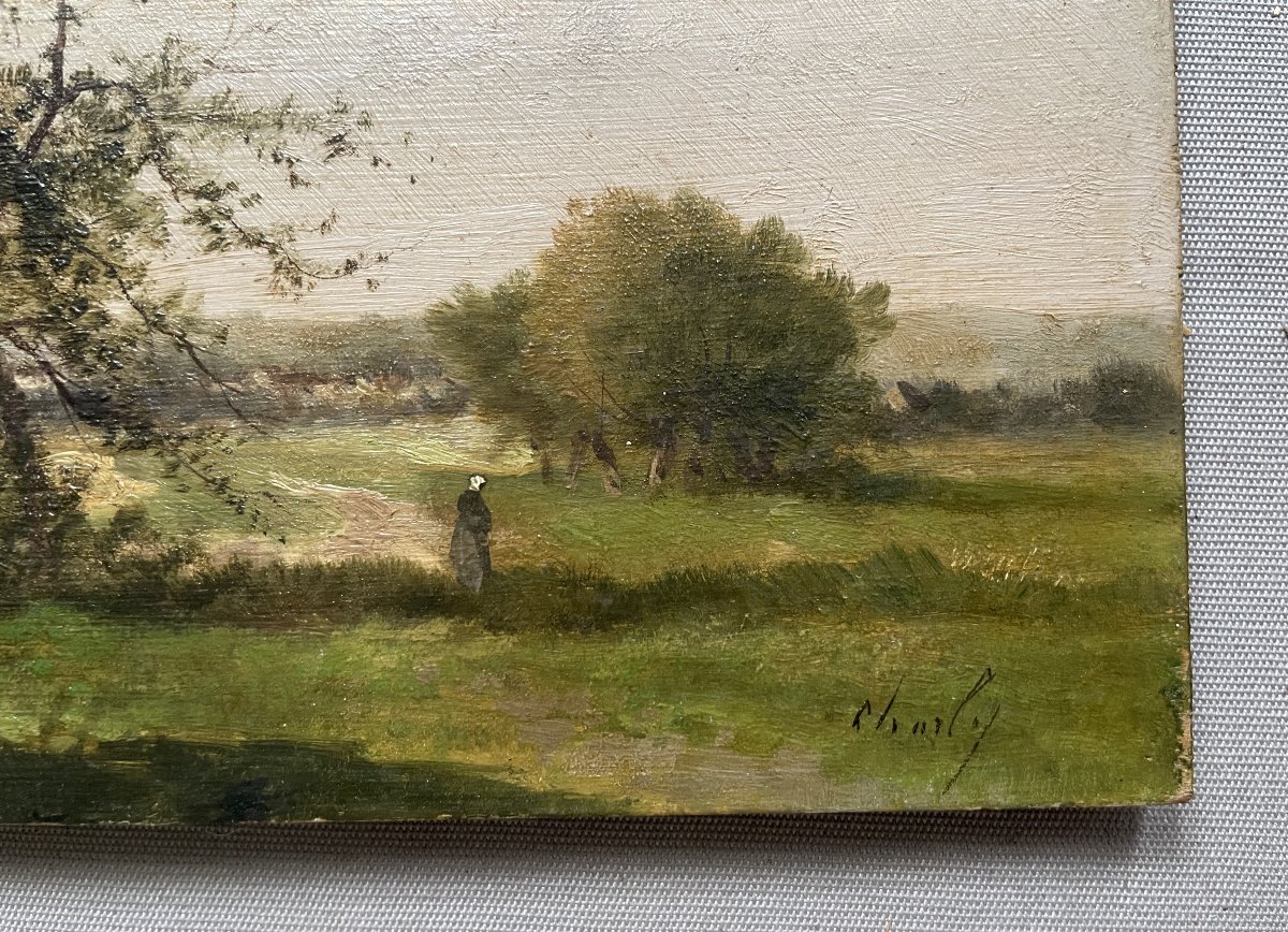 Paysage Champêtre Animé, Huile Sur Panneau, XIXe-photo-2