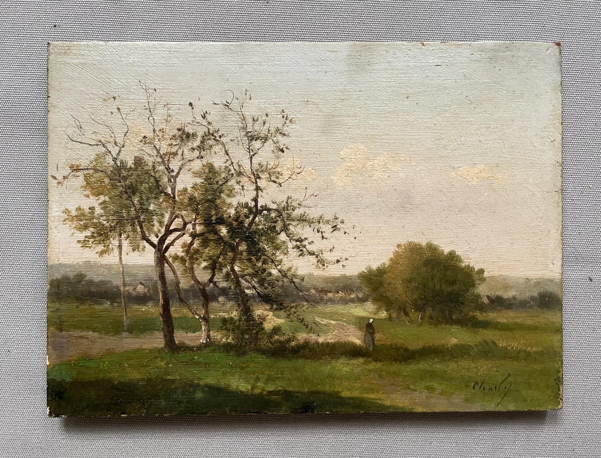 Paysage Champêtre Animé, Huile Sur Panneau, XIXe