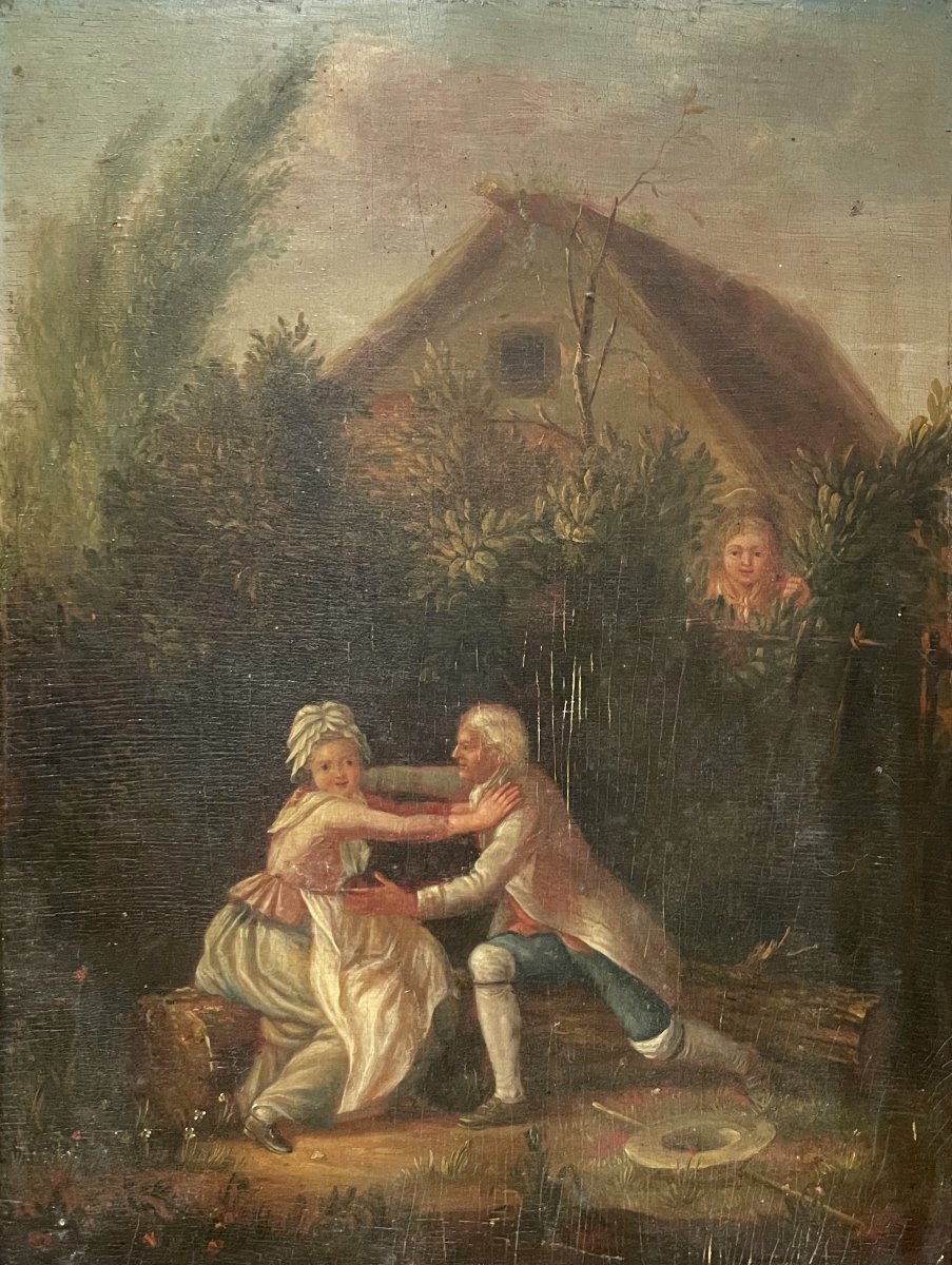 Scène Grivoise Au Jardin, Huile Sur Panneau-photo-3