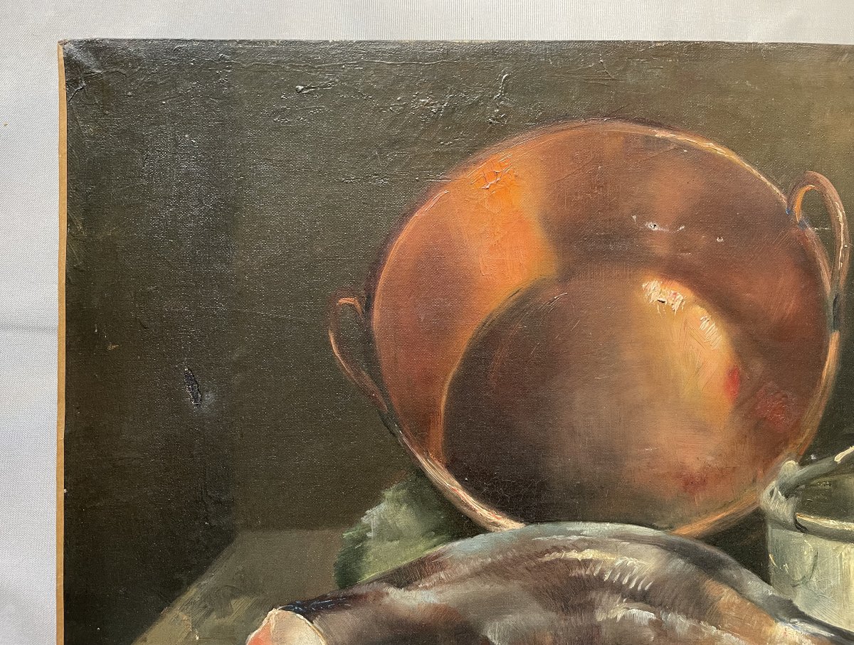 Still Life With Fish, Oil On Canvas To Be Restored, Large Format-photo-3
