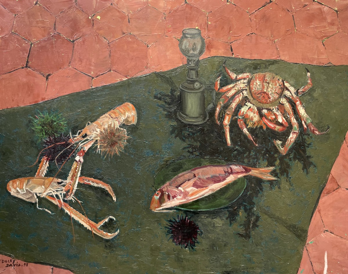 Dolly Davis, Nature Morte Aux Crustacés, Huile Sur Toile, Grand Format