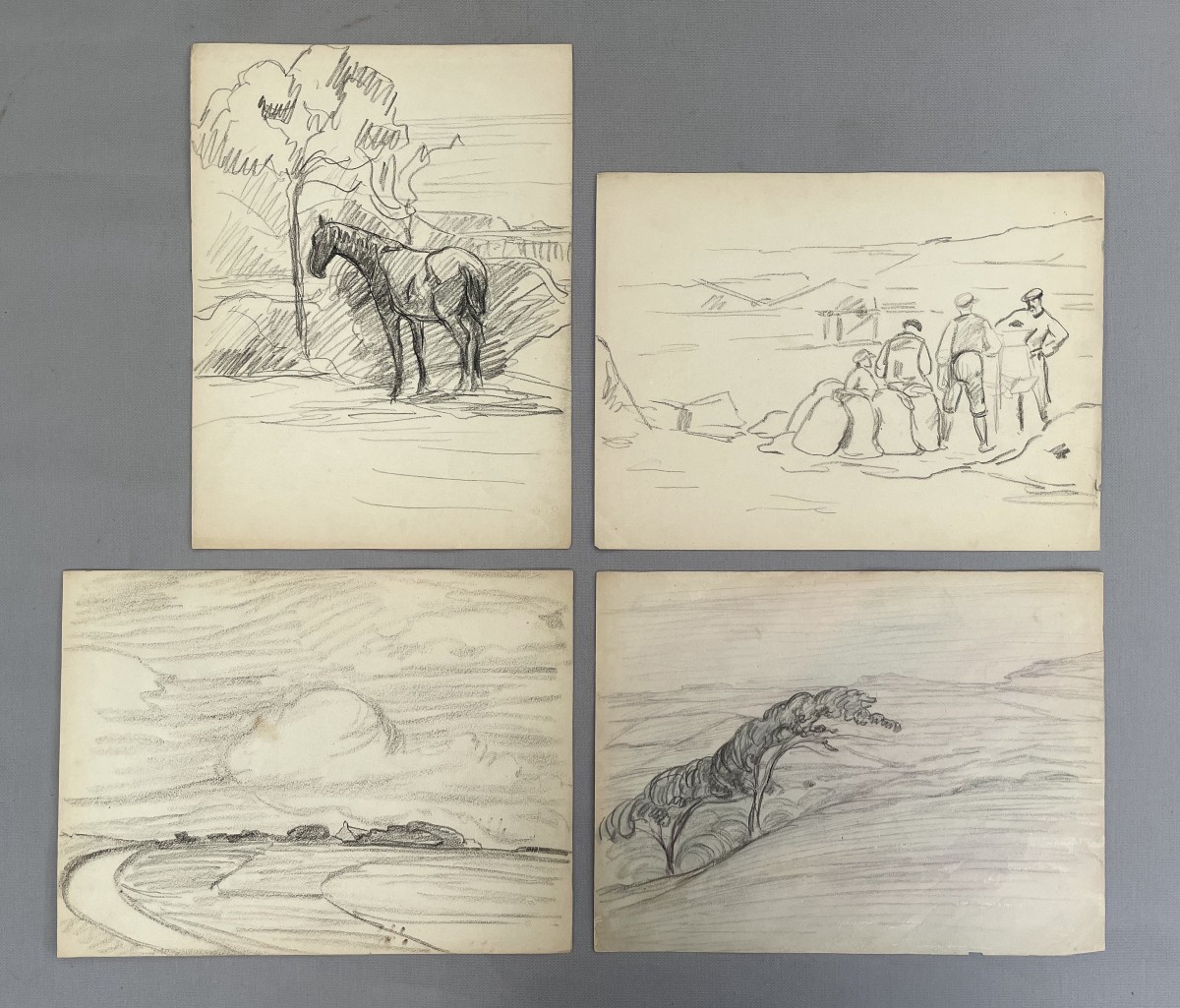 Horse, Figures, Landscapes, 4 Chalk Studies