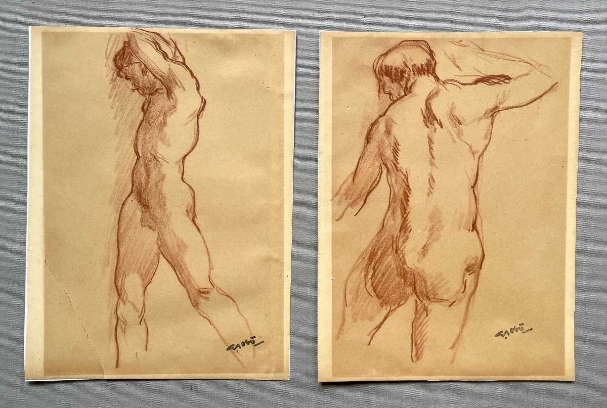 Male Nudes, Two Drawings, Red Chalk