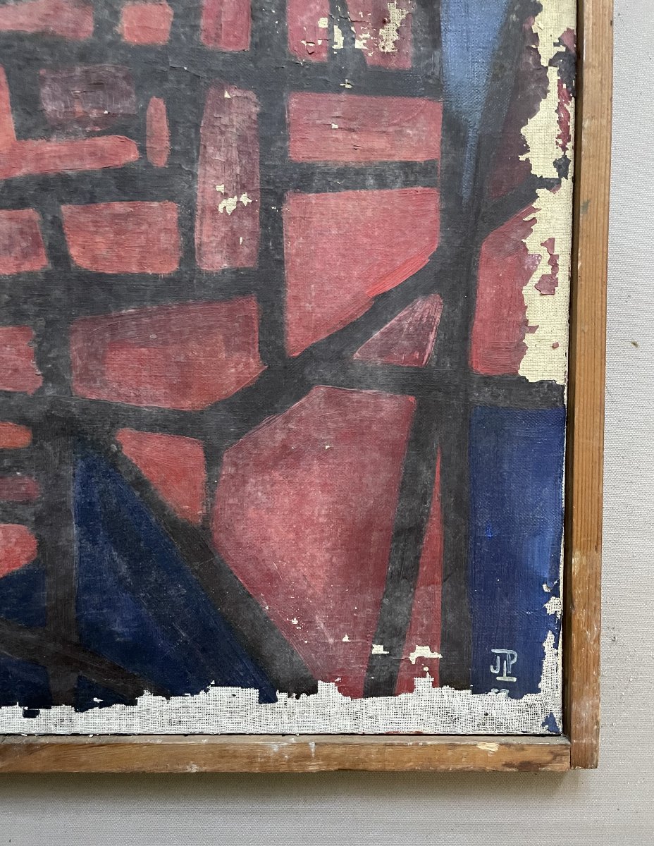 Abstraction, huile sur toile à restaurer, Monogramme JLP-photo-1