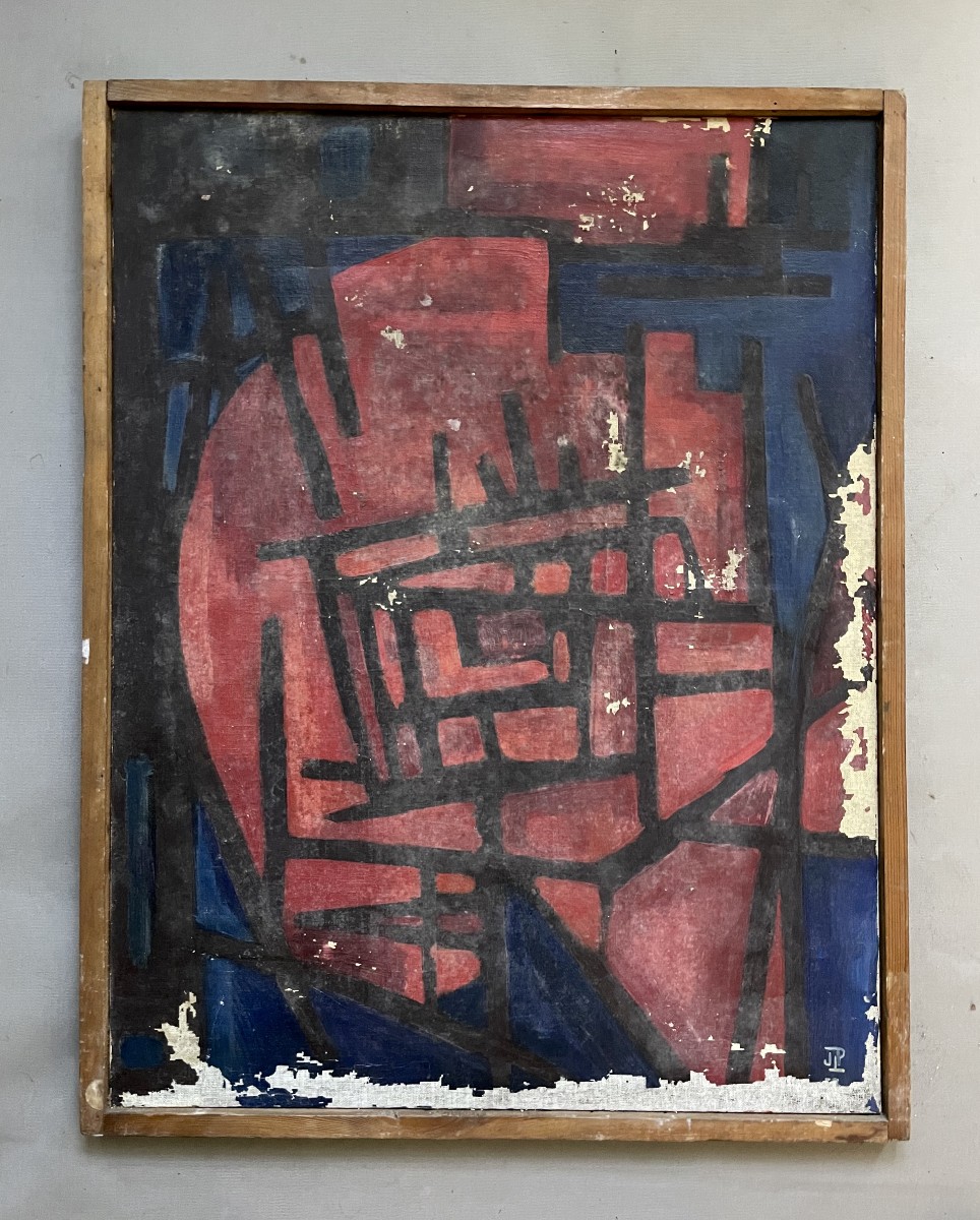 Abstraction, huile sur toile à restaurer, Monogramme JLP
