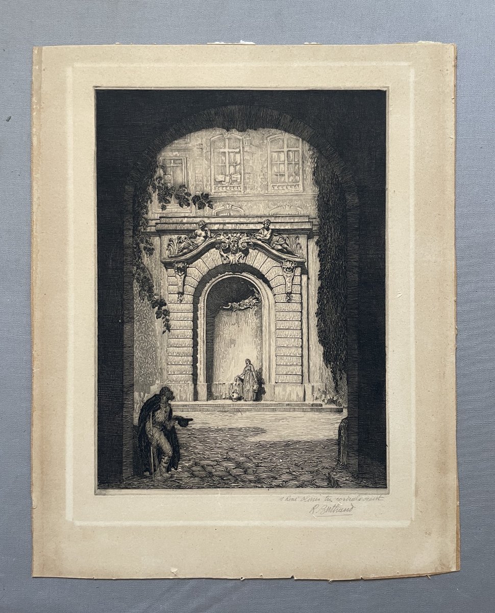 René Buthaud, The Fountain Of The Customs House, Signed And Dedicated Engraving-photo-2