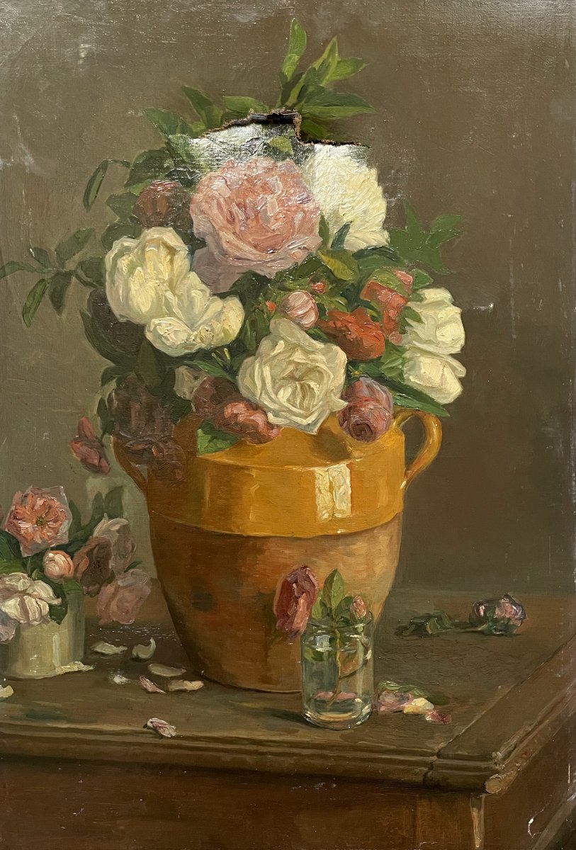 Bouquet de fleurs, huile sur toile à restaurer-photo-2
