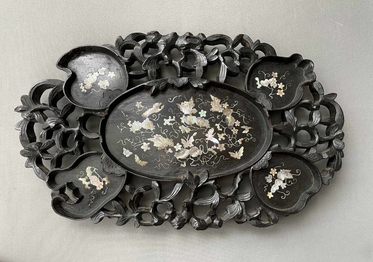 Indochina, Late 19th Century, Openwork Wooden Tray With Mother-of-pearl Inlays
