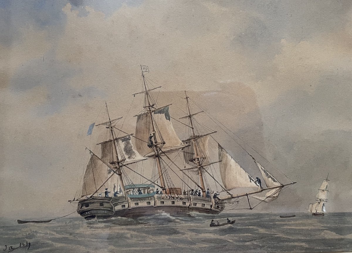 Marine, aquarelle début XIXe-photo-2
