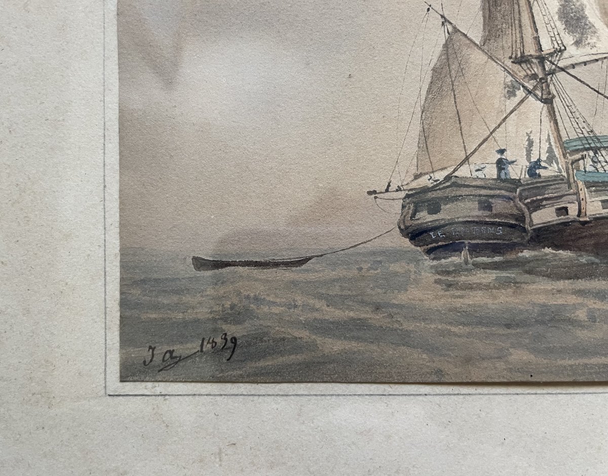 Marine, aquarelle début XIXe-photo-3