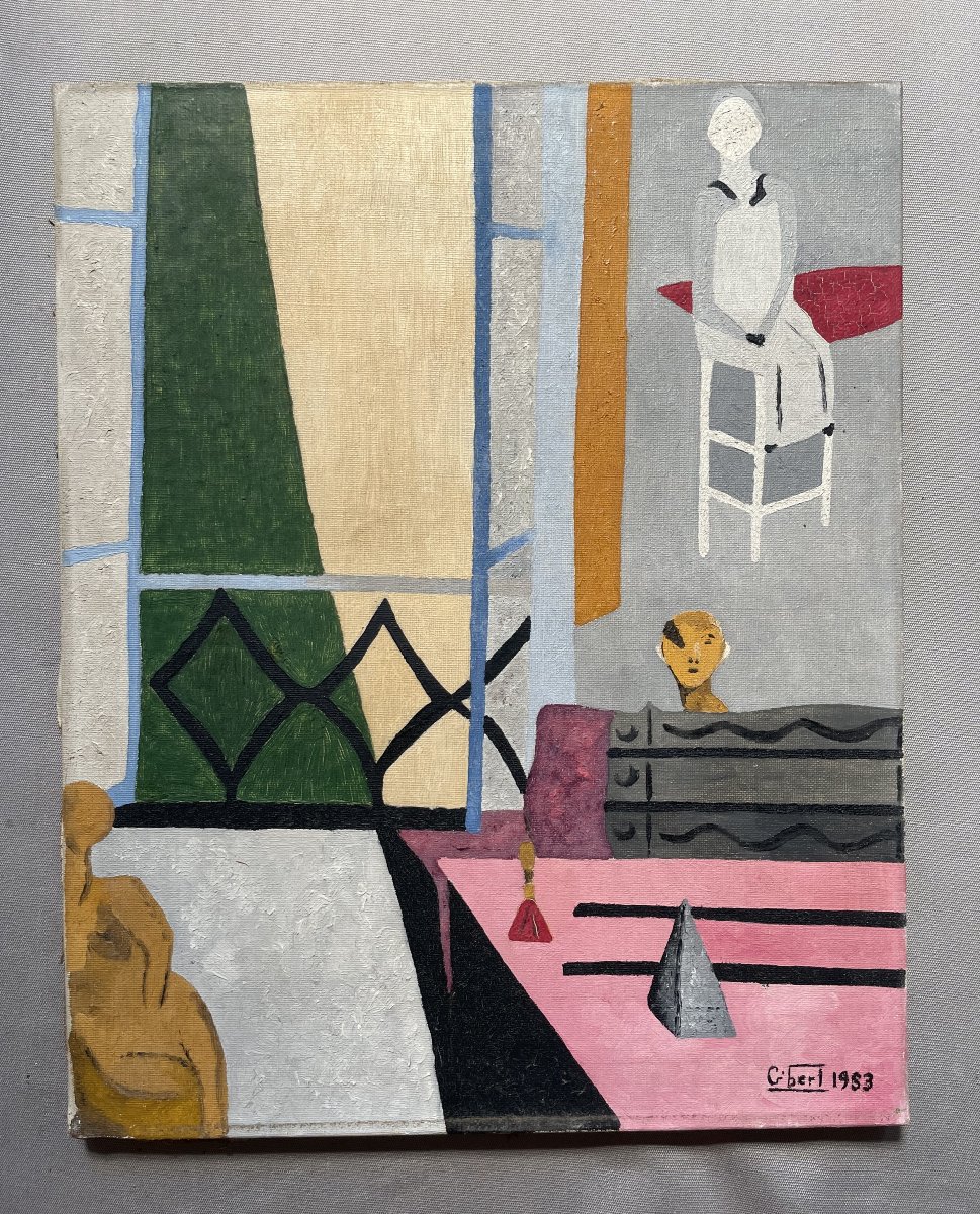 Surrealist School, Oil On Canvas Signed Gibert 1953-photo-2