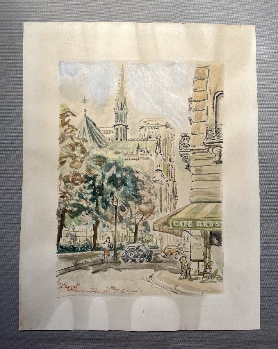 Notre Dame De Paris, Watercolor Dated 1955, Signature To Be Identified-photo-2