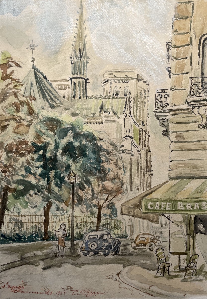 Notre Dame De Paris, Watercolor Dated 1955, Signature To Be Identified
