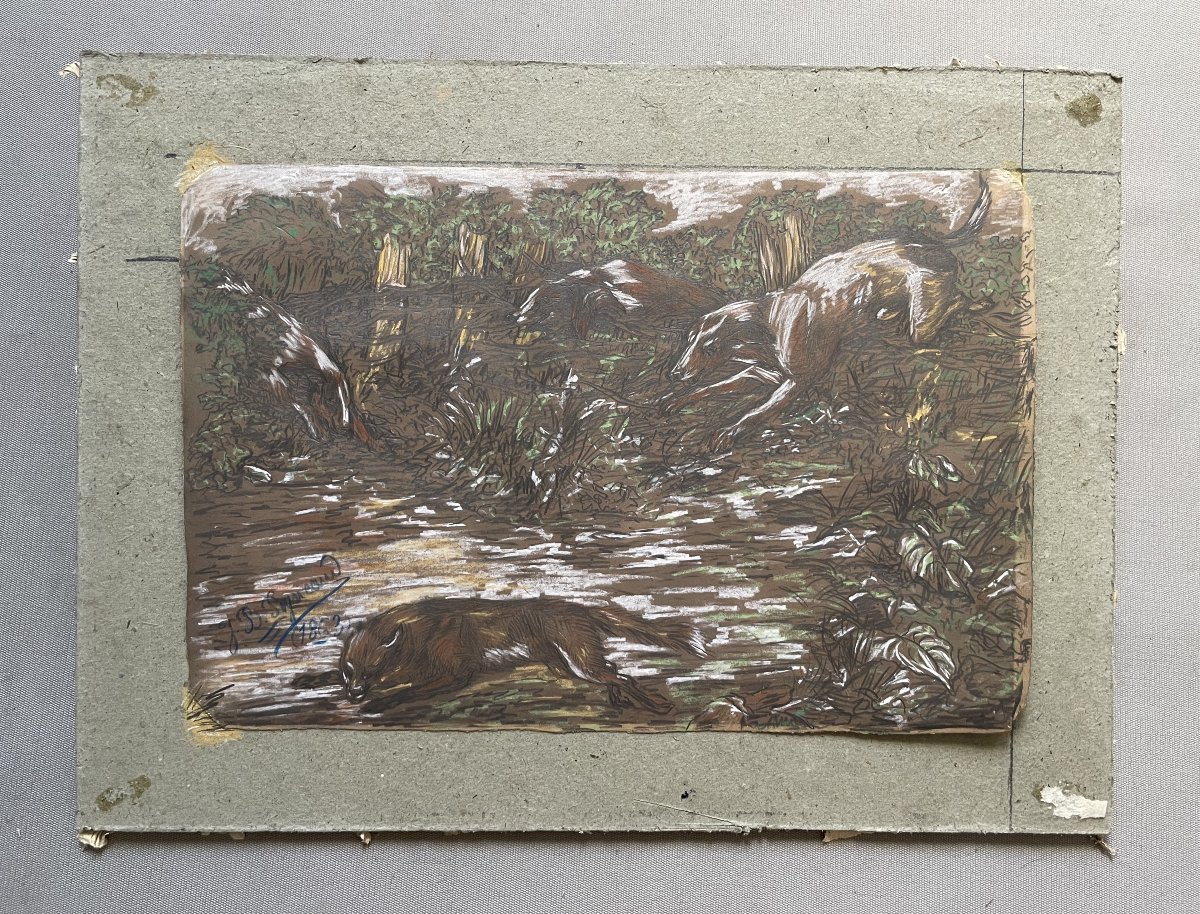 The Fox Hunt, Drawing Signed And Dated 1863-photo-2