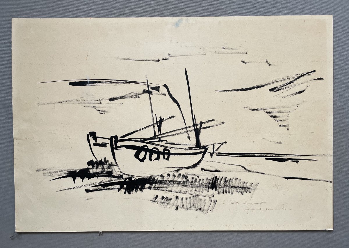 Jef Friboulet, Boats At Low Tide, Signed And Dedicated Drawing-photo-2
