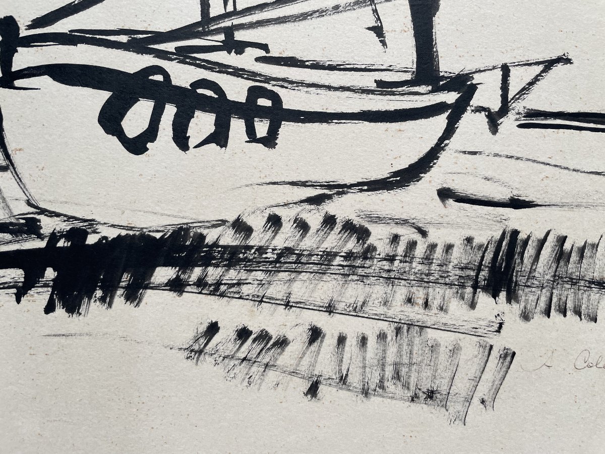 Jef Friboulet, Boats At Low Tide, Signed And Dedicated Drawing-photo-2