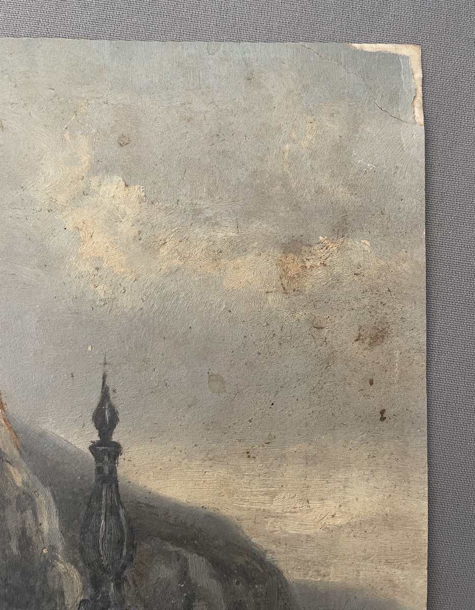 View Of Dinant, Oil On Paper-photo-3