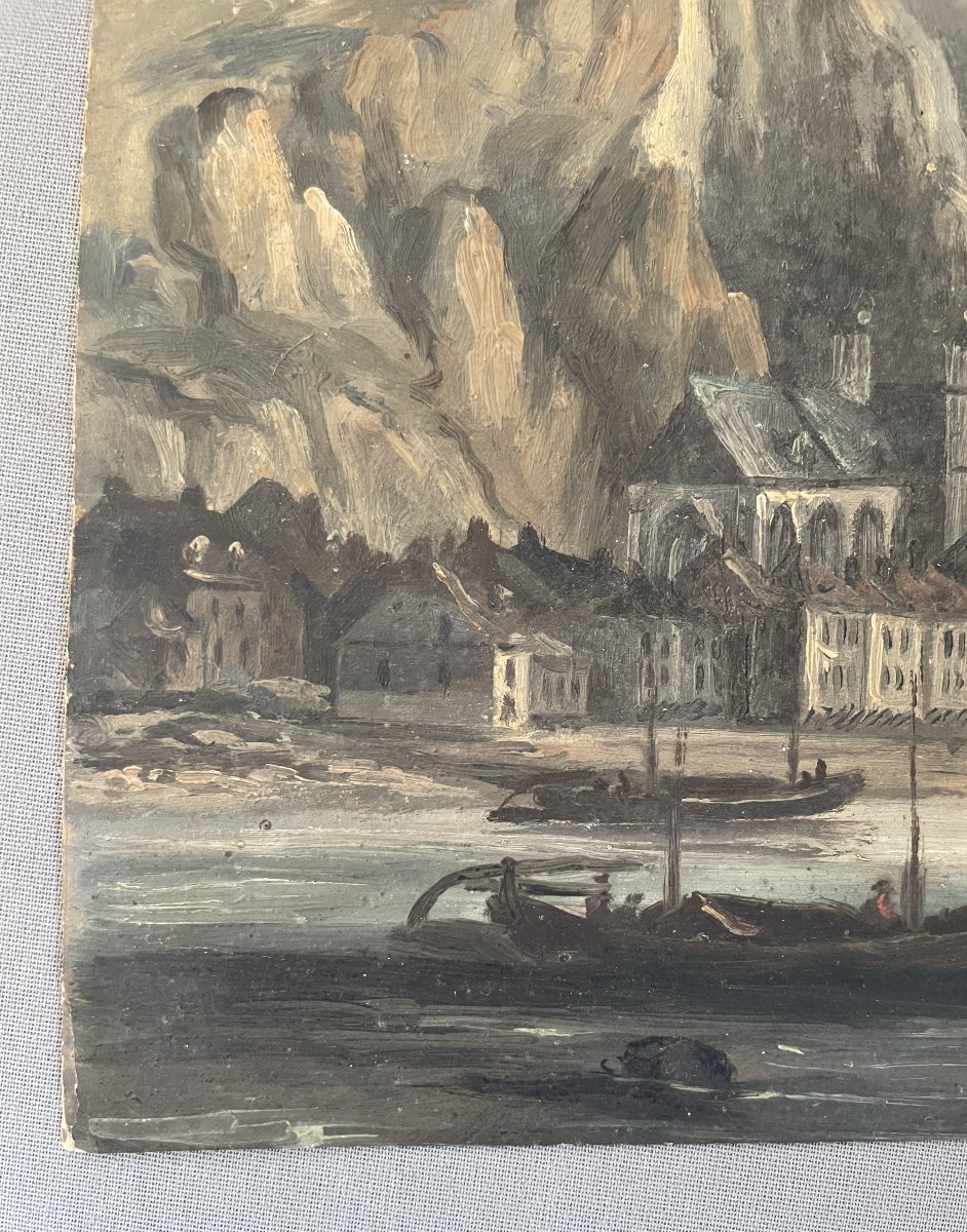 View Of Dinant, Oil On Paper-photo-1