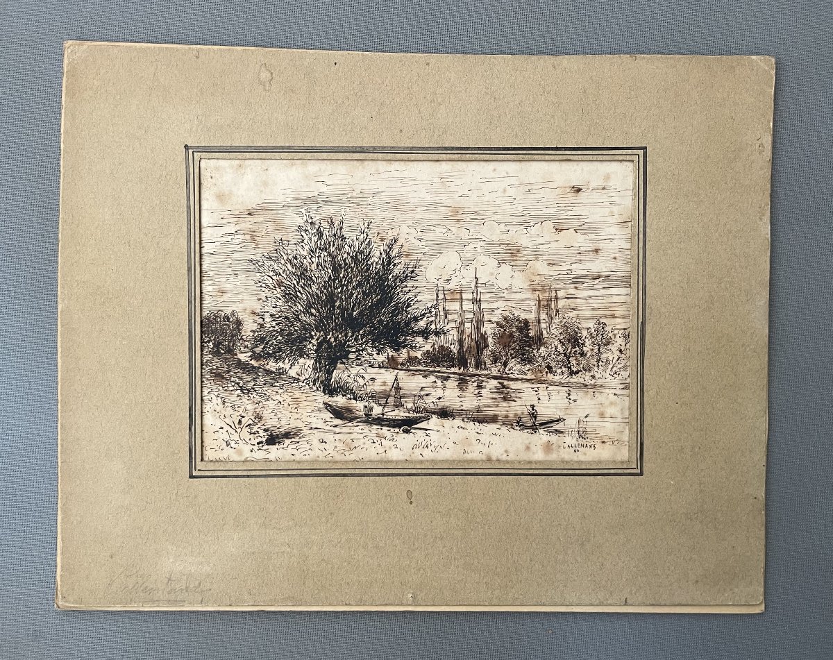 Fishermen On The Riverbank, Ink Drawing By Lallemand, 1866-photo-2