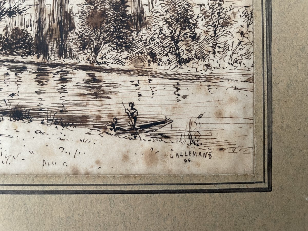 Fishermen On The Riverbank, Ink Drawing By Lallemand, 1866-photo-3