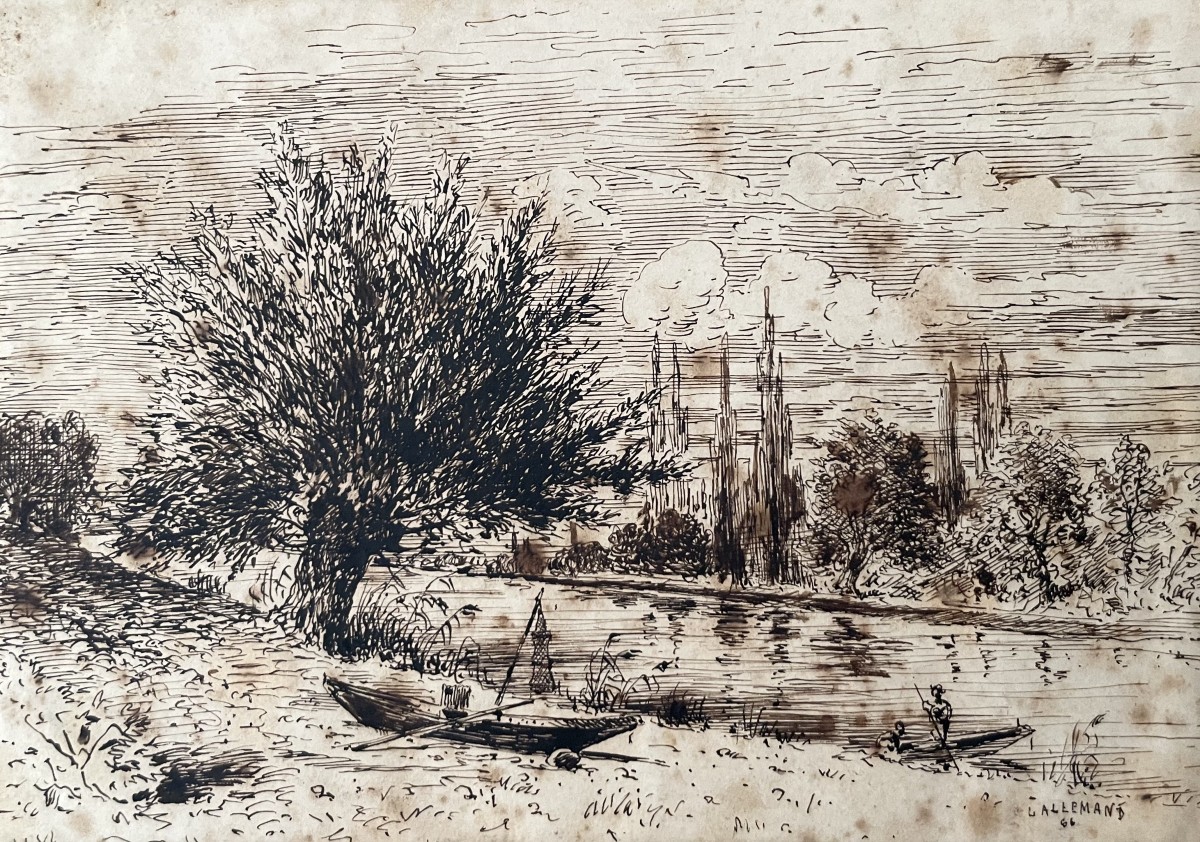 Fishermen On The Riverbank, Ink Drawing By Lallemand, 1866