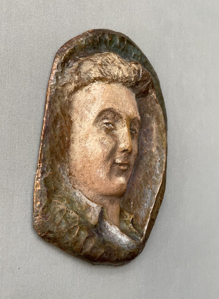 Bas relief en cuivre martelé et peint-photo-2