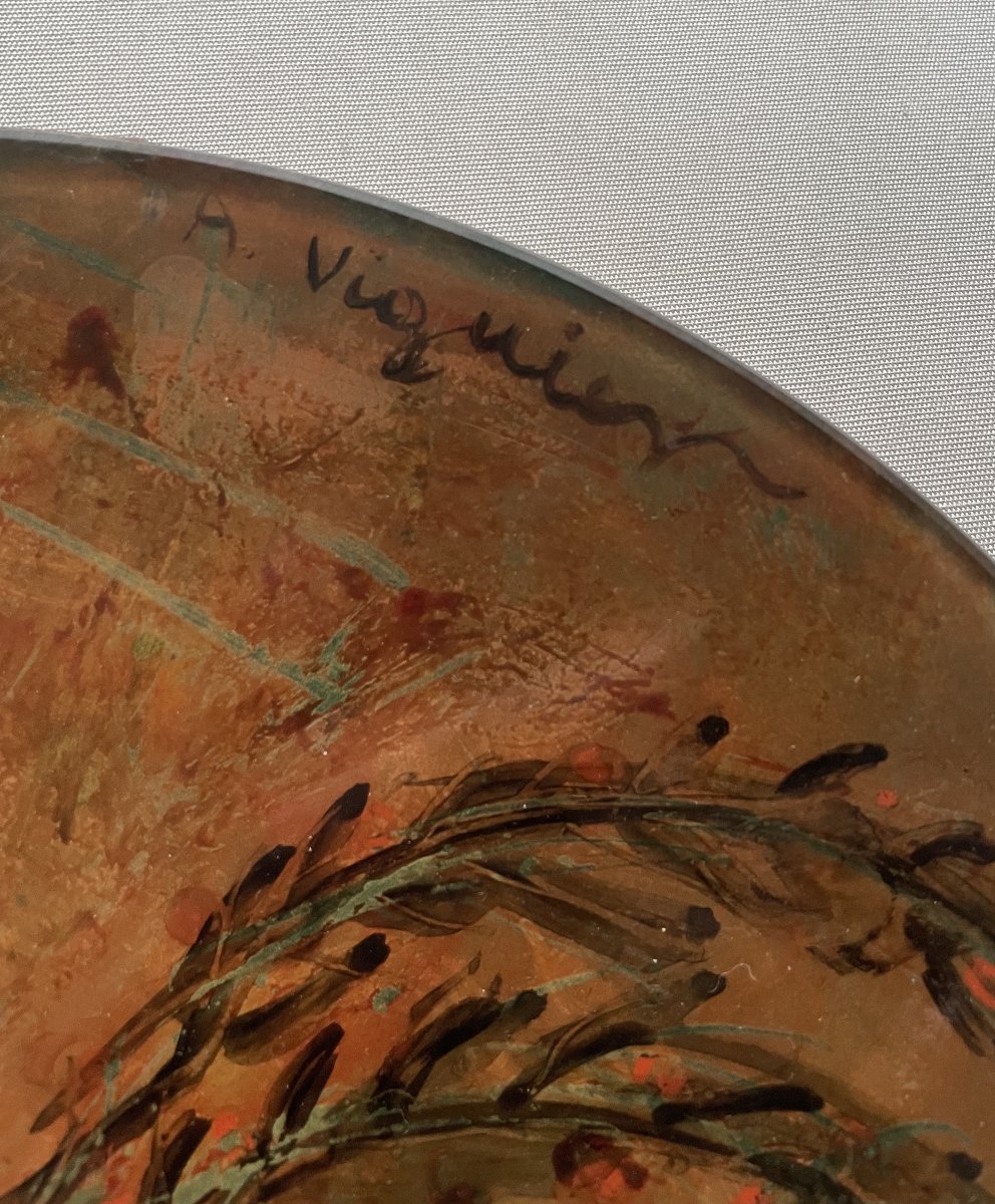  Plat en verre peint à décor de coq, signature à identifier-photo-2