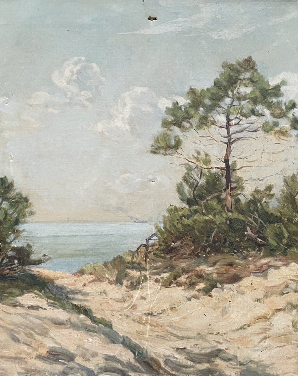 Vue du Bassin d'Arcachon, huile sur toile, début XXe-photo-2