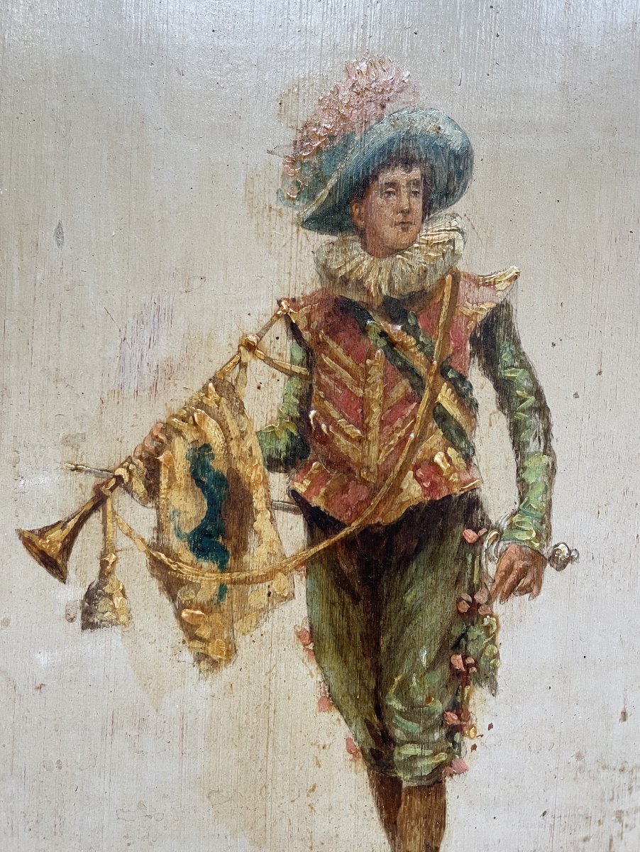 Troubadour, huile sur panneau, fin XIXe-photo-3