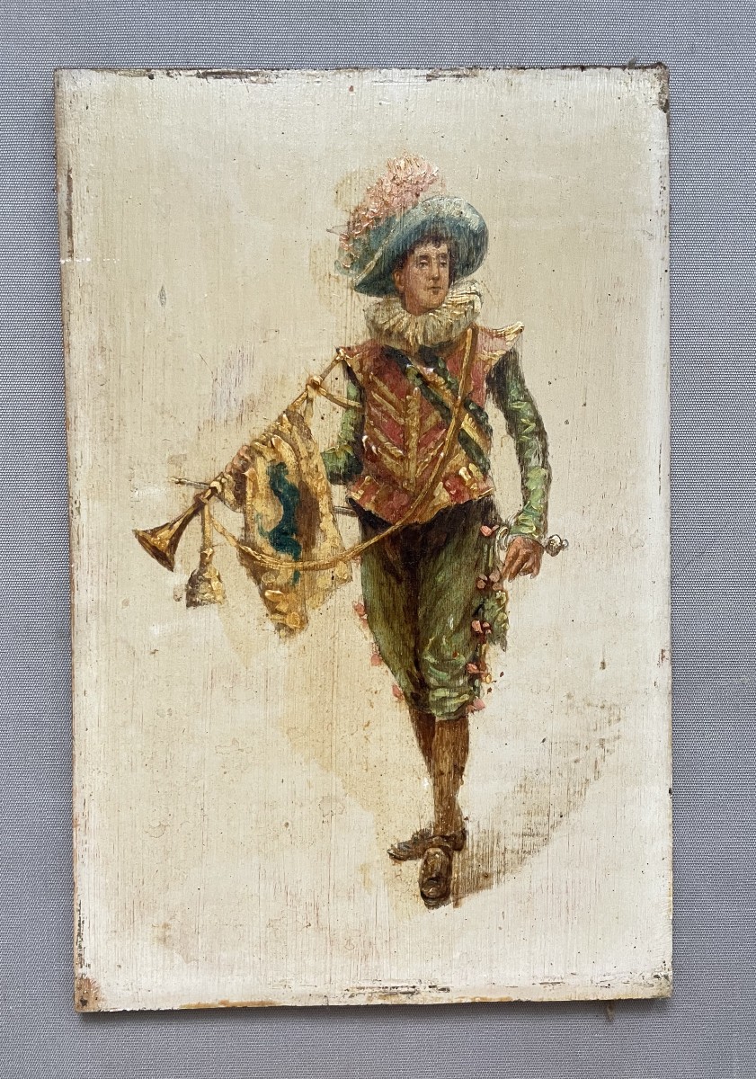 Troubadour, huile sur panneau, fin XIXe
