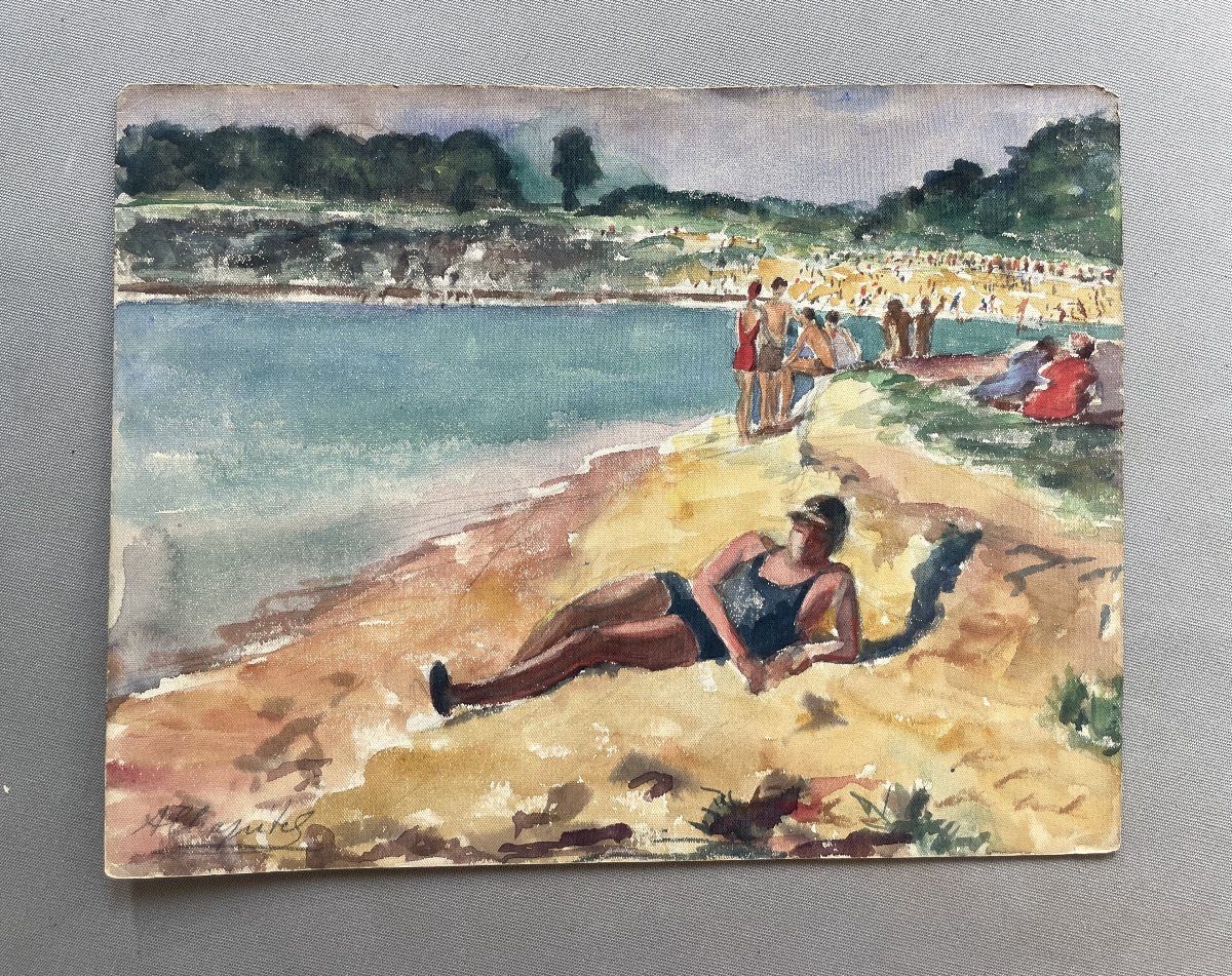 Plage à Vigneux Sur Seine, Aquarelle signée A. Chapitel-photo-2