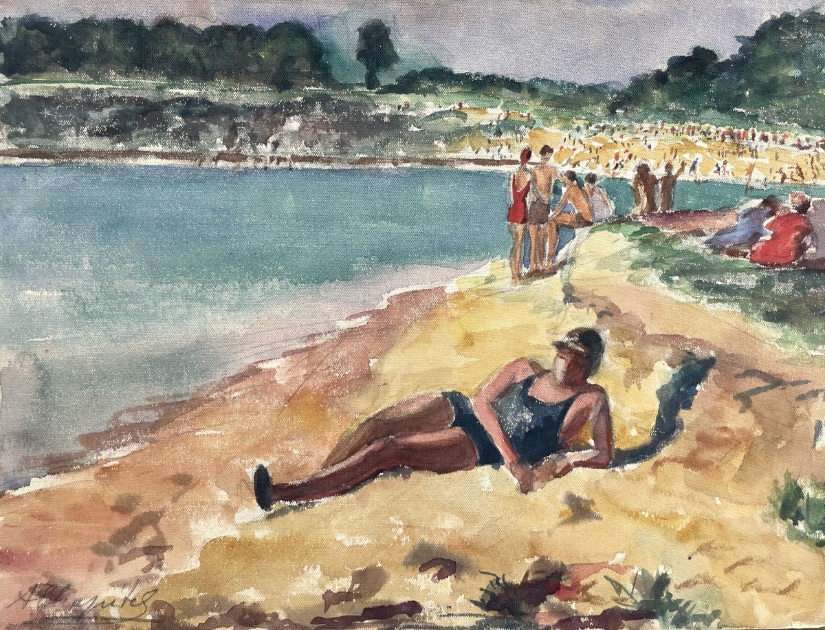 Plage à Vigneux Sur Seine, Aquarelle signée A. Chapitel