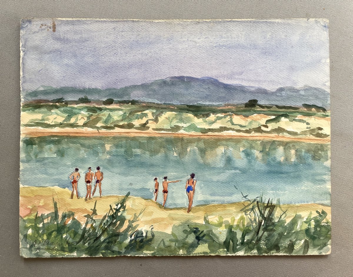 Body Of Water In Vigneux Sur Seine, Watercolor By A. Chapitel -photo-2