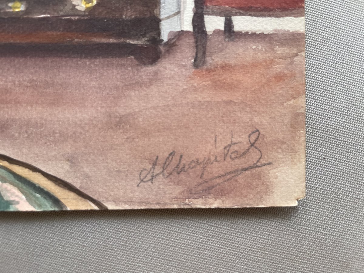 Interior On Rue Saint Martin, Watercolor By A. Chapitel-photo-3