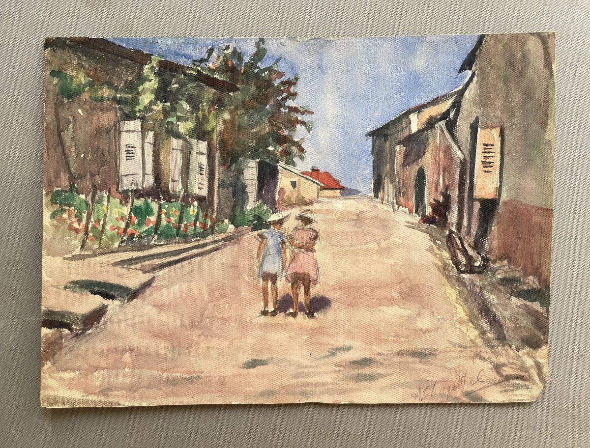 Passavant, Little Girls In A Street, Watercolor By A. Chapitel-photo-2