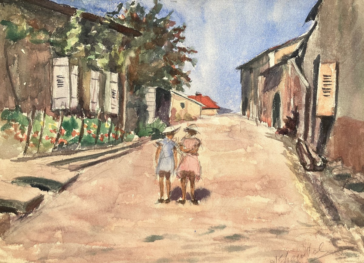 Passavant, Little Girls In A Street, Watercolor By A. Chapitel