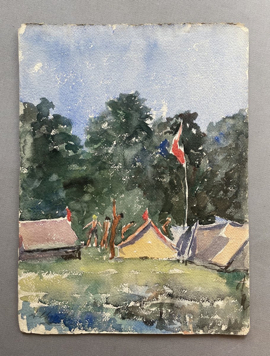 Campsite At Villeneuve Saint Georges, Watercolor By A. Chapitel -photo-2