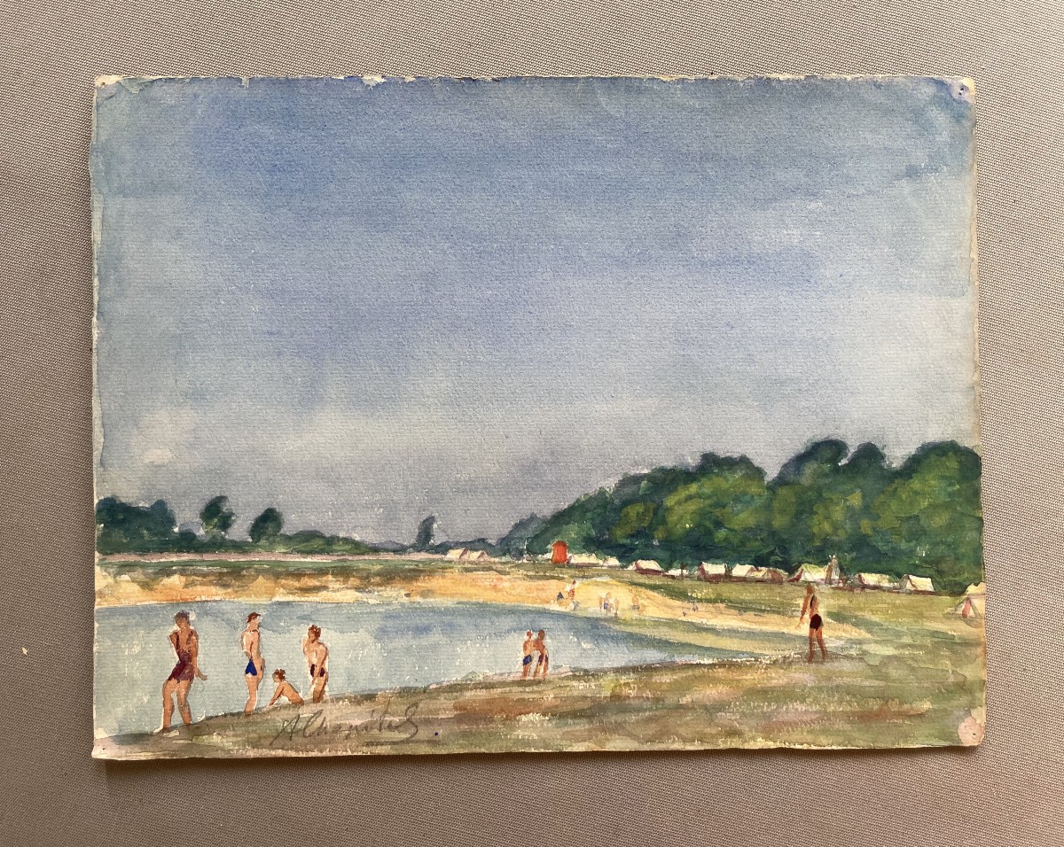 Body Of Water In Villeneuve St Georges, Watercolor By A. Chapitel-photo-2