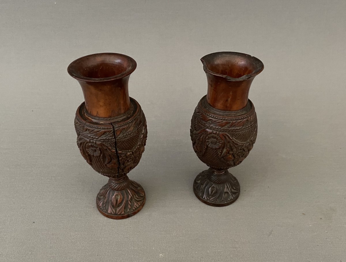 Pair Of Corozo Vases, Sailor Or Convict Work-photo-2