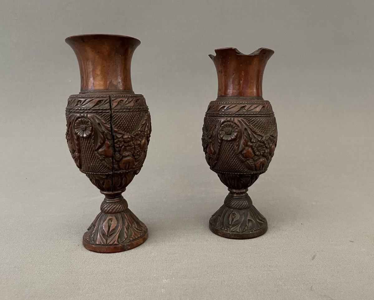 Pair Of Corozo Vases, Sailor Or Convict Work