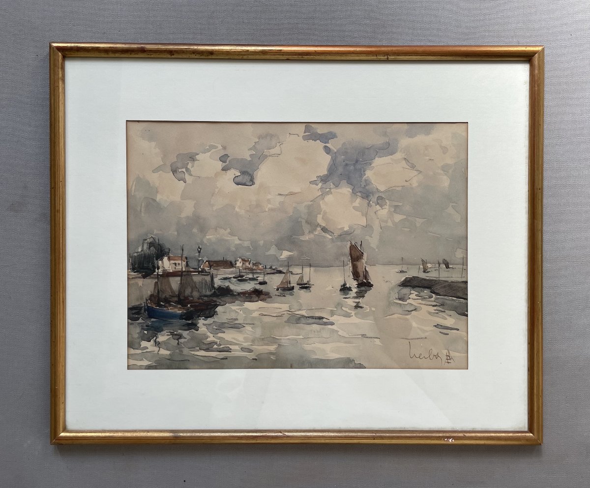 Fernand Herbo, Marine Painter, Port View, Watercolor-photo-2