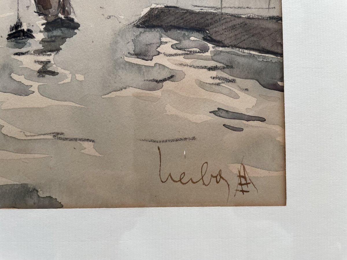 Fernand Herbo, Marine Painter, Port View, Watercolor-photo-3