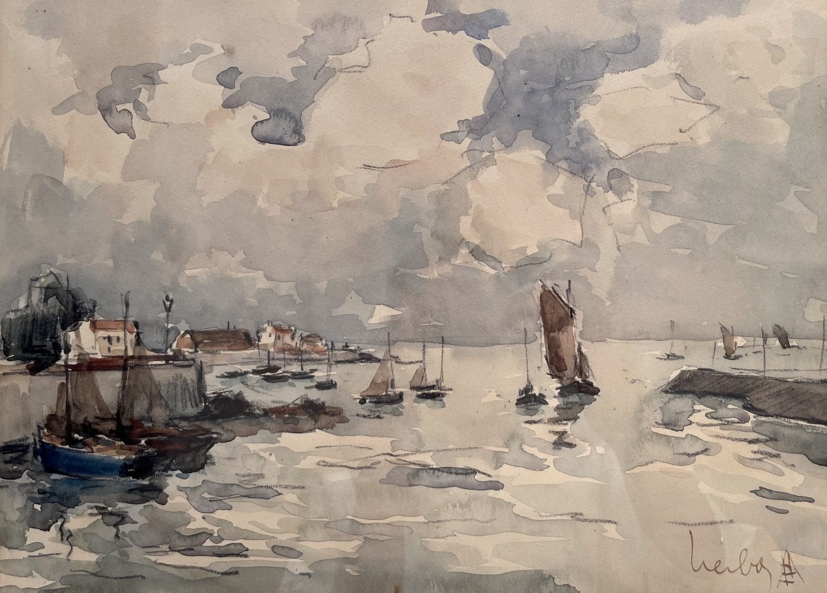 Fernand Herbo, Marine Painter, Port View, Watercolor