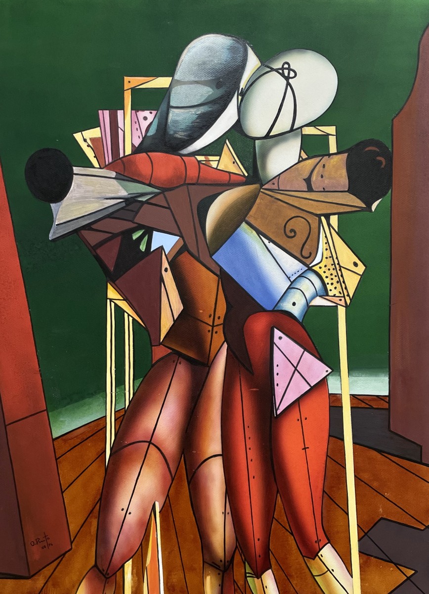 Composition surréaliste, technique mixte, signature à identifier