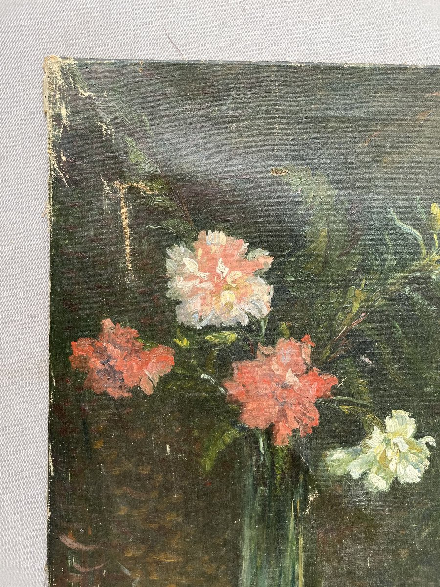 Bouquet d'oeillets, huile sur toile à restaurer, fin XIXe-photo-2