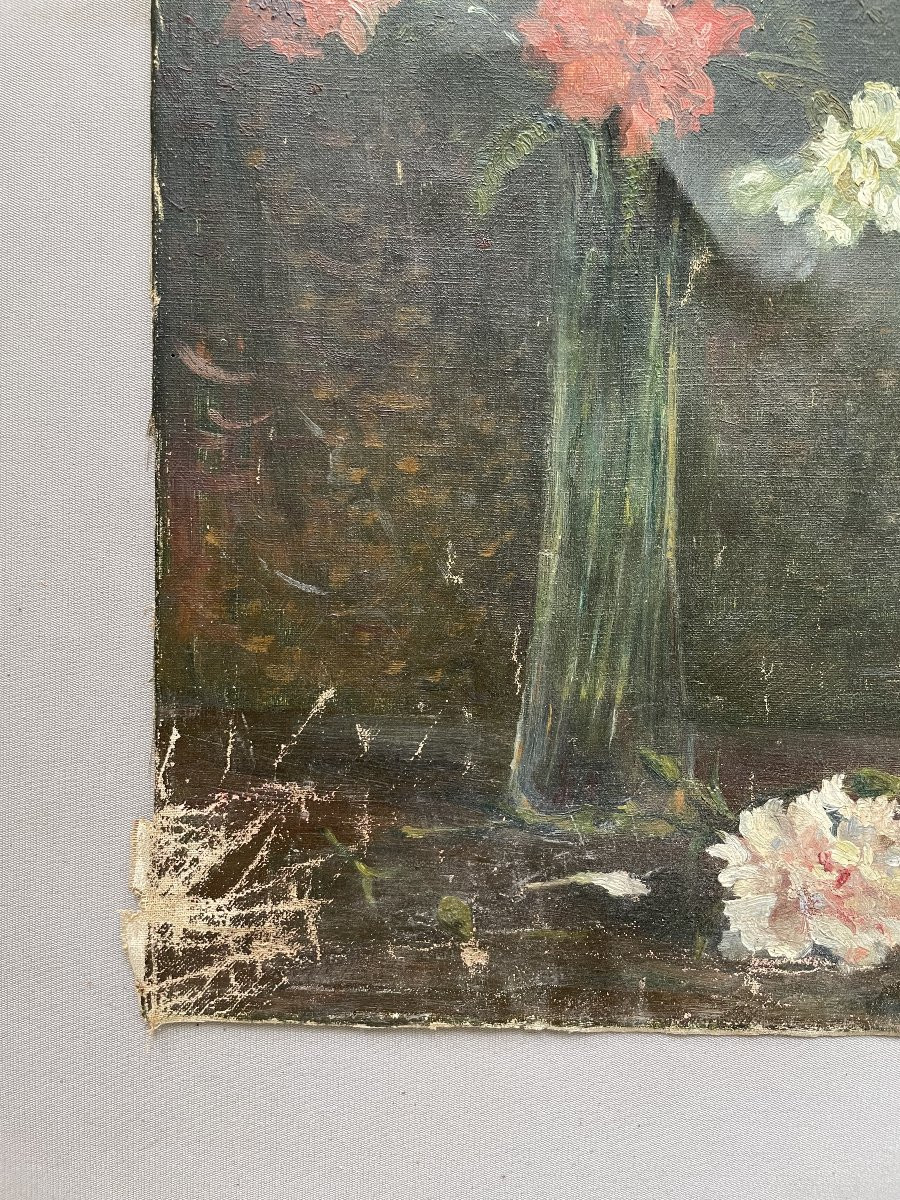 Bouquet d'oeillets, huile sur toile à restaurer, fin XIXe-photo-1