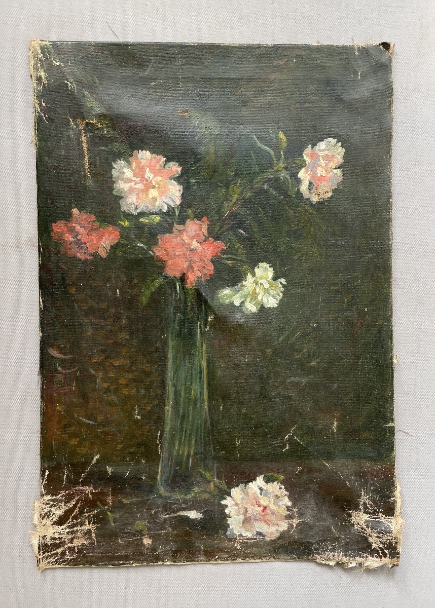 Bouquet d'oeillets, huile sur toile à restaurer, fin XIXe
