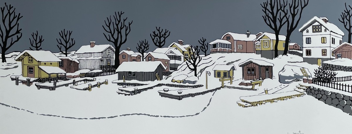 Åke WESTIN, Port enneigé en Suède, lithographie